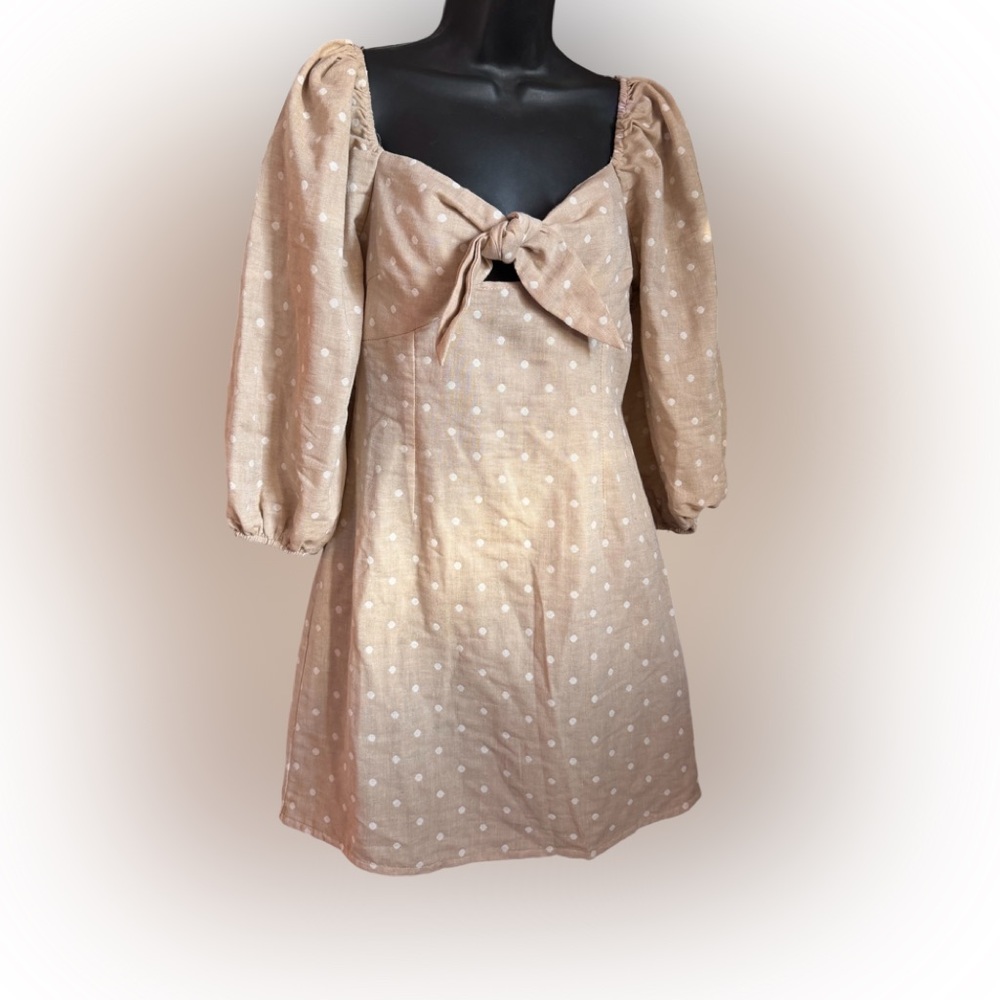 NWT J.O.A. Tan Polka Dot Puff Sleeve Front Tie Mini Dress M